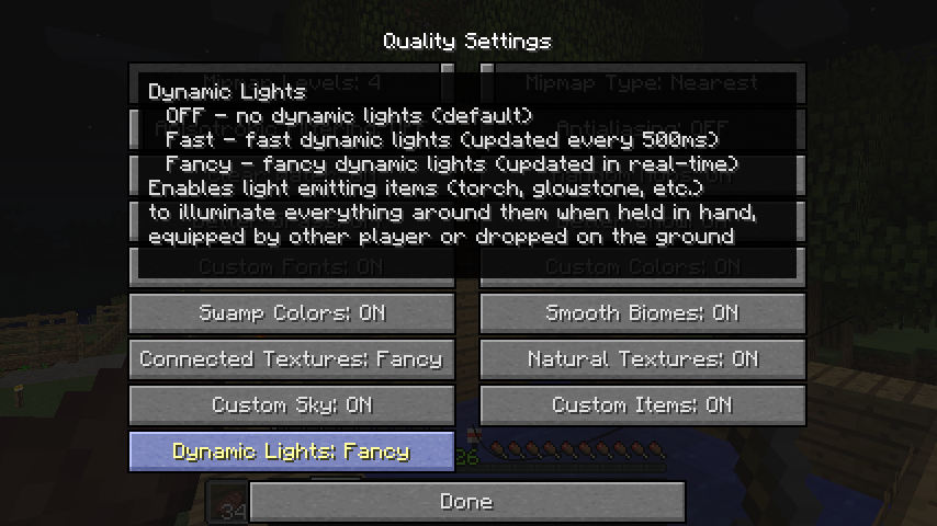 Minecraft quality settings showing the Dynamic Lights option