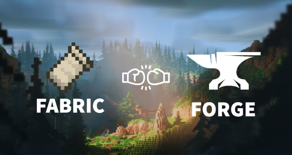 Forge and Fabric mod loader logos over a Minecraft landscape