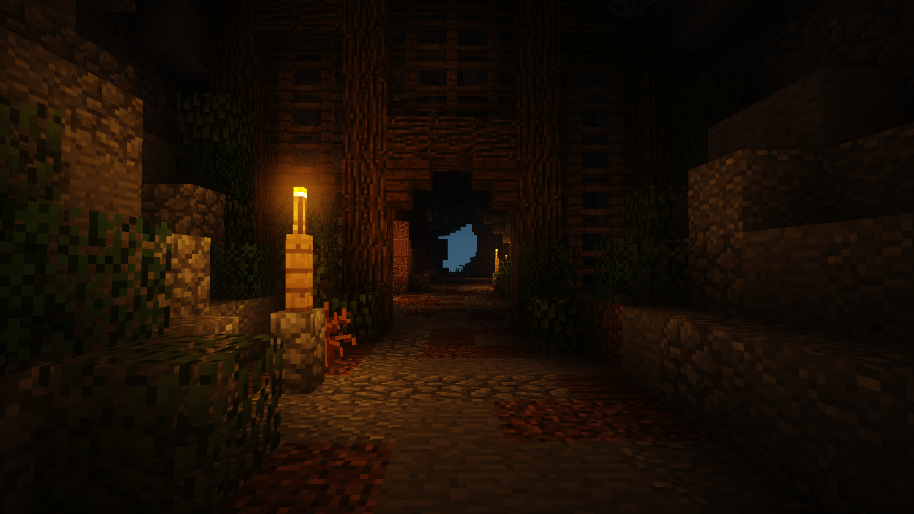 Warm torch lighting and shadows in a Minecraft cave