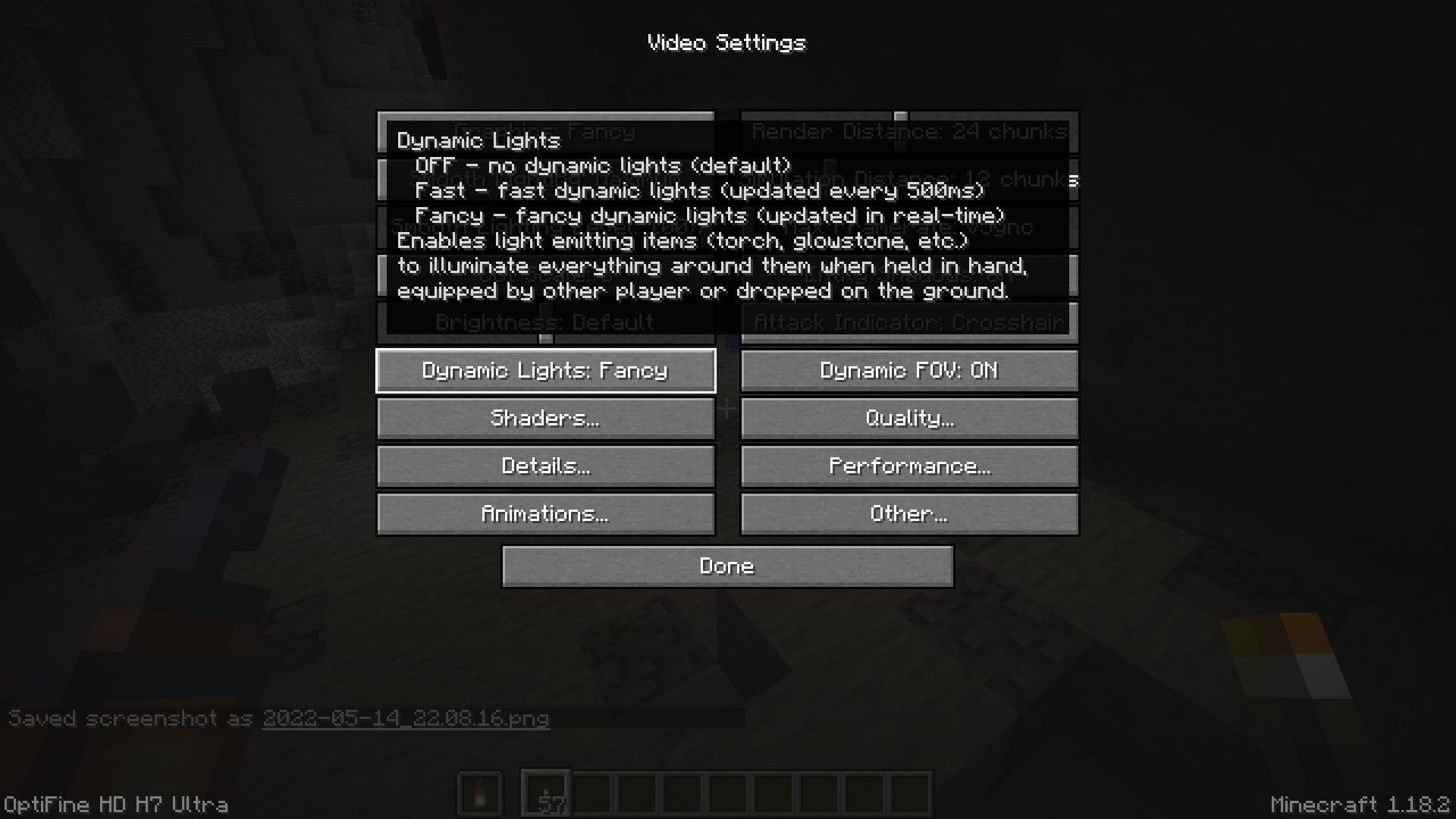 OptiFine video settings with Dynamic Lights enabled