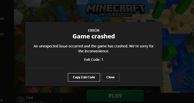 Minecraft launcher showing a game crash with exit code 1
