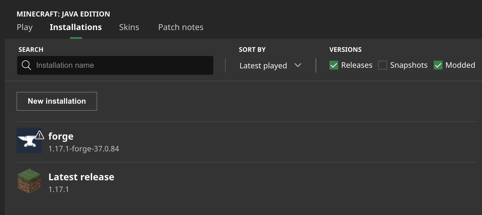 Minecraft launcher installations with Forge and Fabric profiles