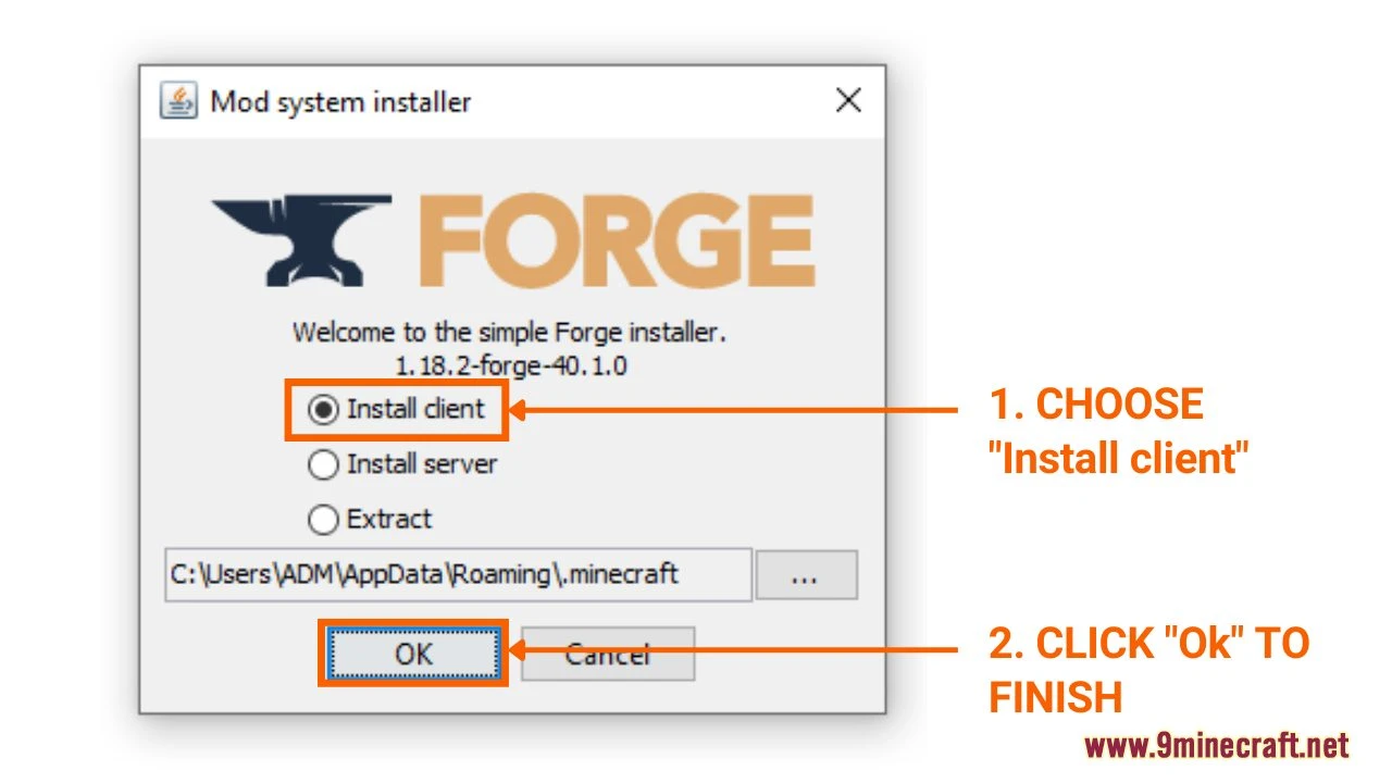 Forge installer with Install client selected