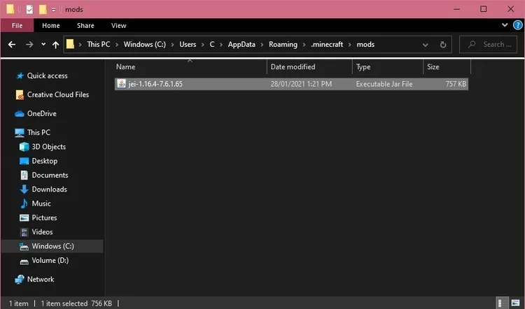 Minecraft mods folder containing a JAR file